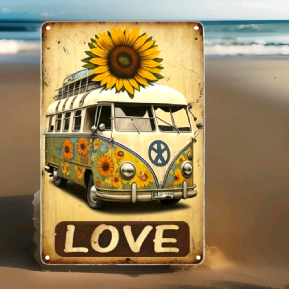 Hippie Sign Decor Metal 60s Indoor Outdoor Decor Sunflower VW Van
